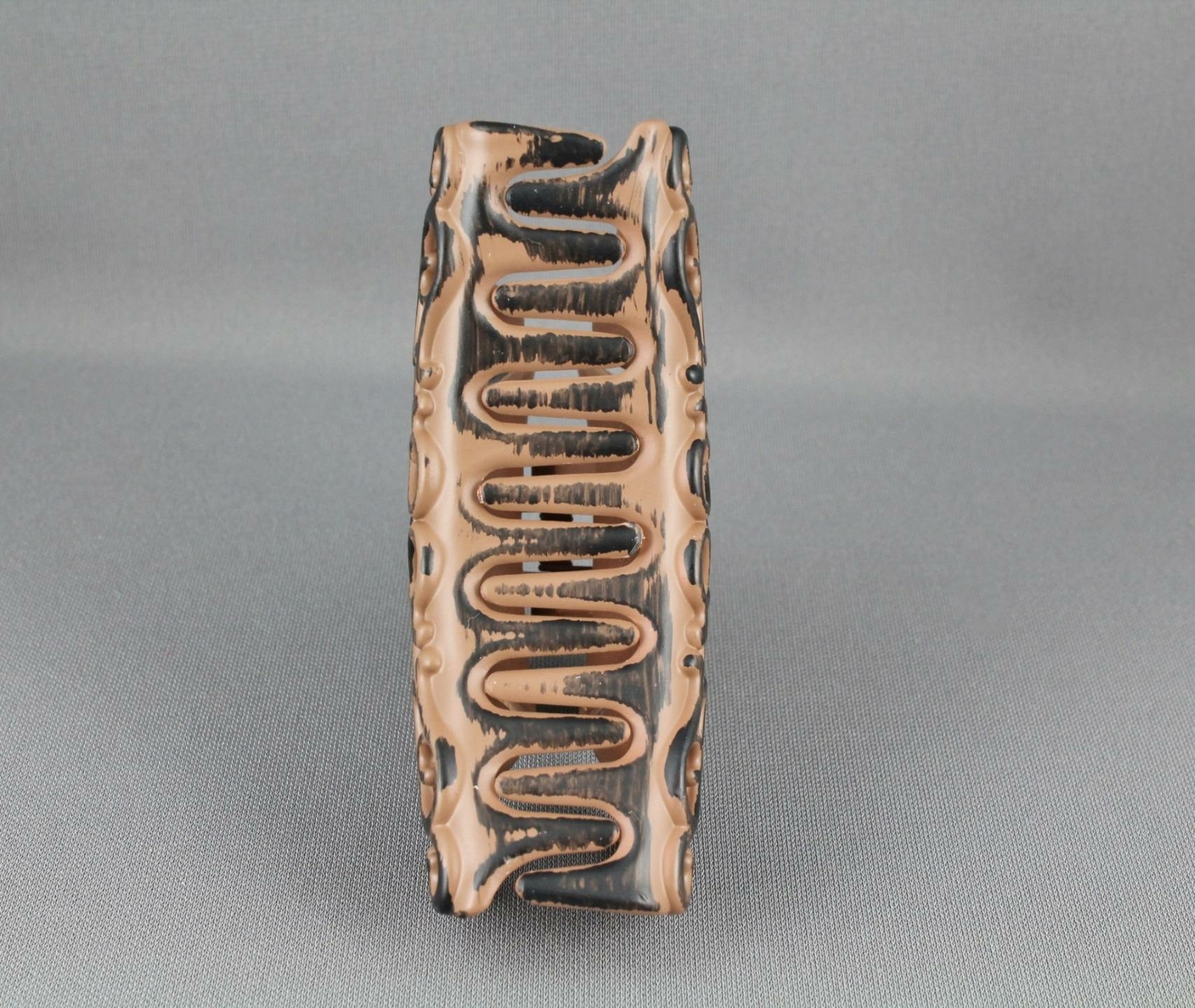 Brown hair clip 3 5/8" long big barrette claw jaw clamp scroll cut out WoodGrain