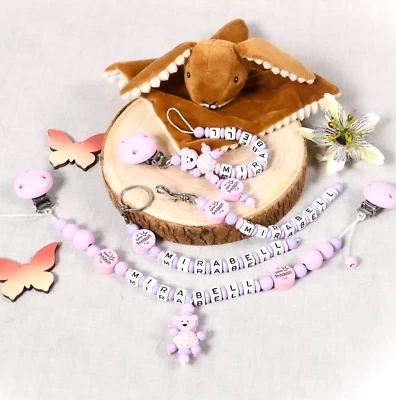 NELINO SCHNULLERKETTE MIT NAMEN SET Schnullerkette mit Namen für Mädchen SET mit Kinderwagenkette Baby♥Geschenk