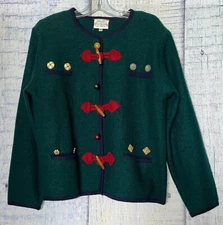 Susan Bristol Green Boiled Wool Cardigan Colorful Carved Wood Buttons Sz M