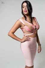 'Zena ' Pink and Mocha Two Piece Bandage Dress