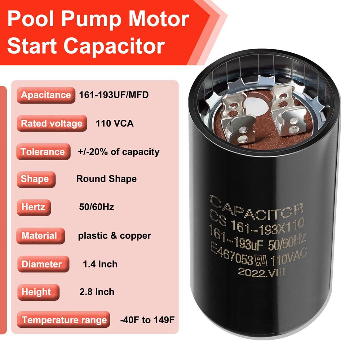 161-193uf/MFD 110VAC 50/60Hz Pool Pump Motor Start Capacitor for 110/220V Motor