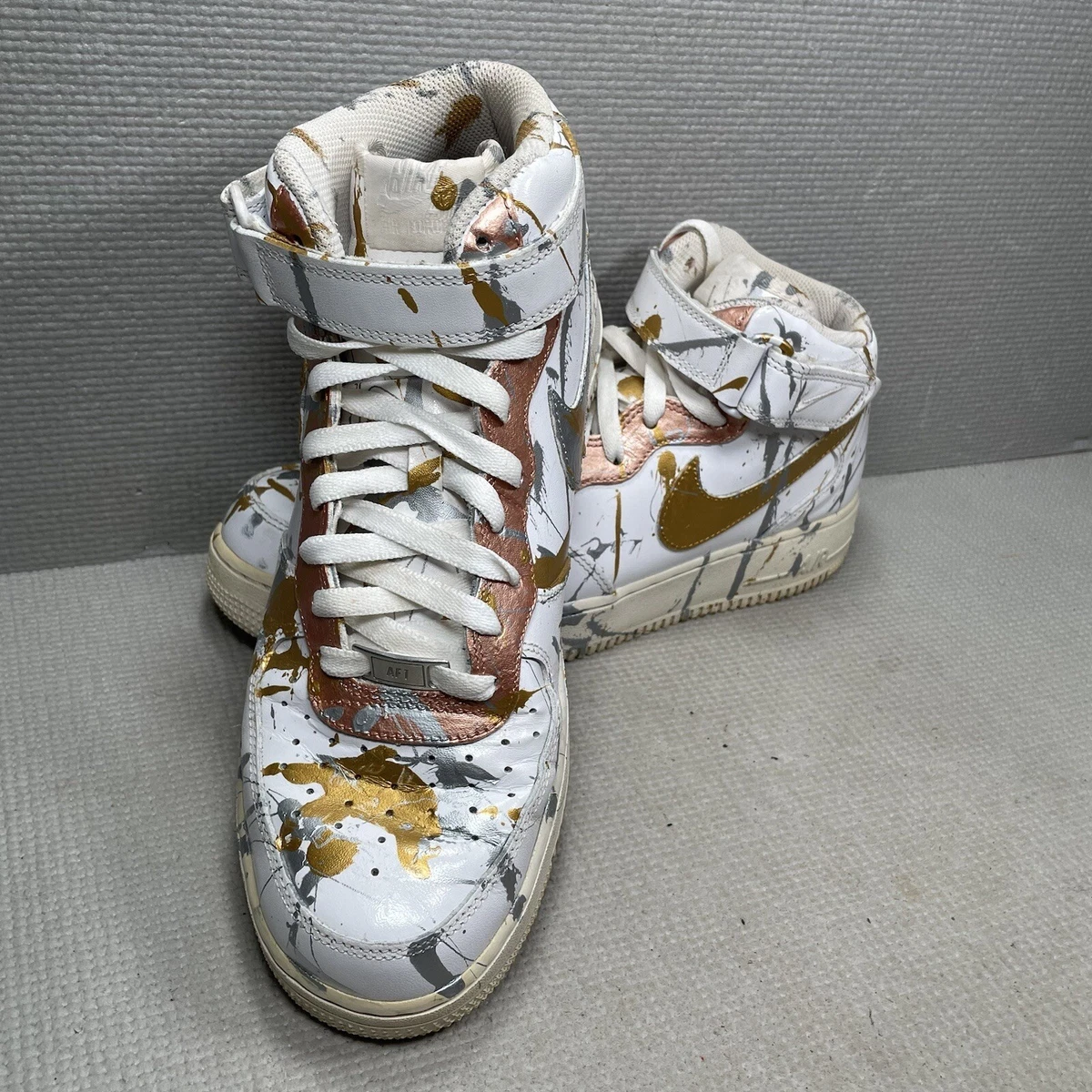 Nike Air Force 1 Mid Triple White Sneakers Sz 9.5 Mens Custom Metallic  Splatter | eBay
