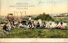Greetings from Sheridan Lake CO Cowboys at Lunch 1908 Cancelled postcard