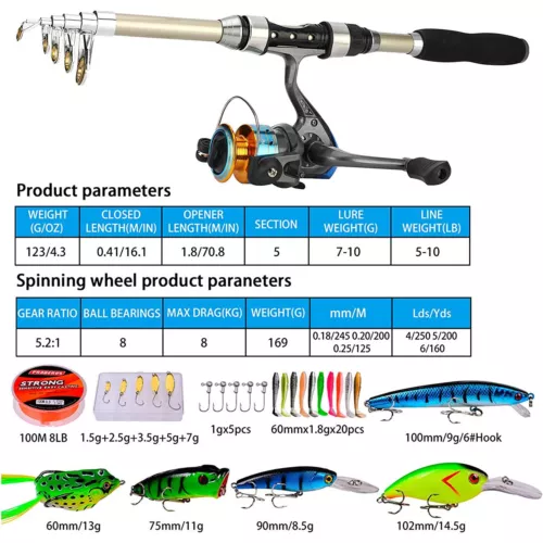 1.8M Telescopic Fishing Rod and Reel Combo Carbon Fiber Fishing Rod Kit w/ Lures - Picture 2 of 10