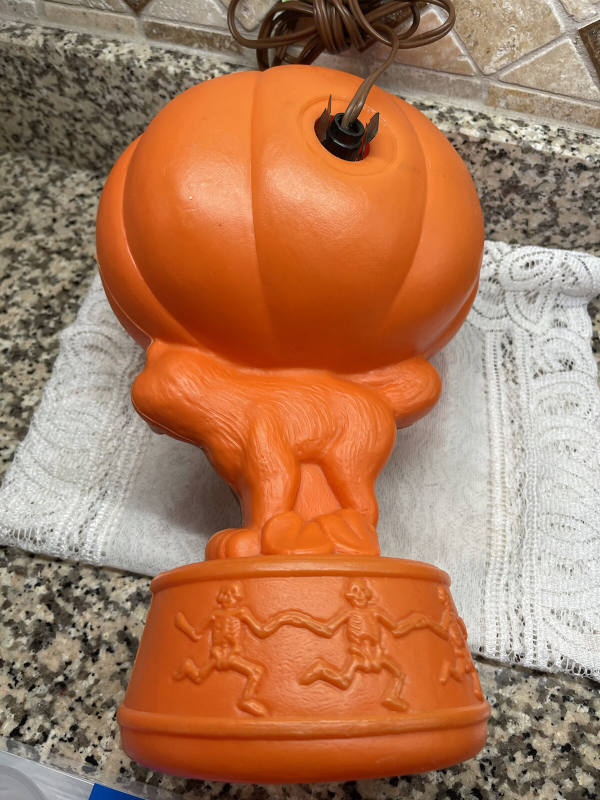 Vtg Pumpkin Black Cat Blow Mold Dancing Skeletons Base JackoLantern