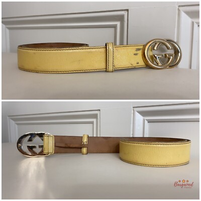 Authentic Gucci Yellow Patent Leather Gold Interlocking G Buckle Belt 85/34 Authentic Gucci Yellow Patent Leather Gold Interlocking G  main image 3