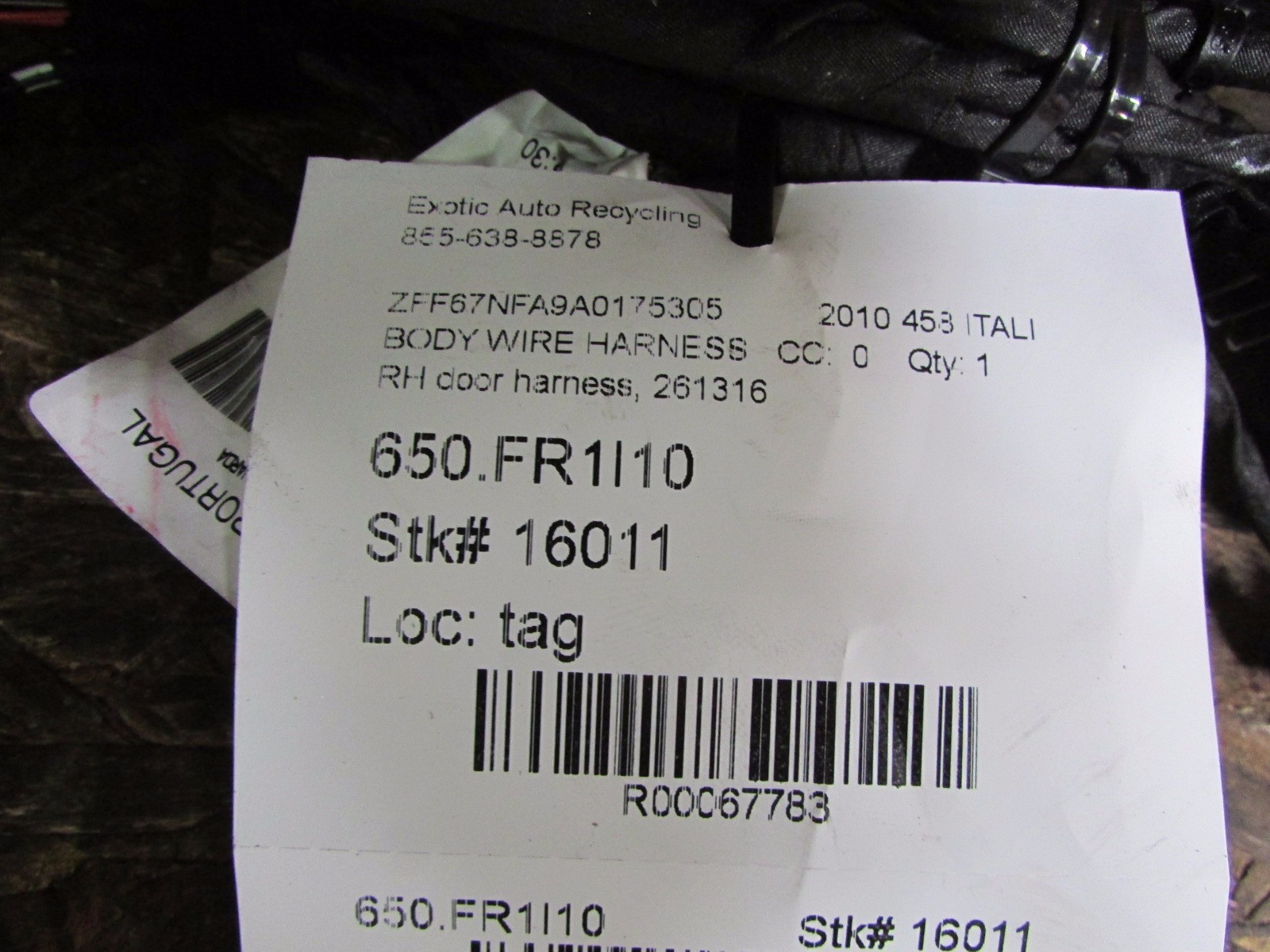 Ferrari 458 Italia, Spider, RH, Right Door Wire Harness, Used, P/N 261316