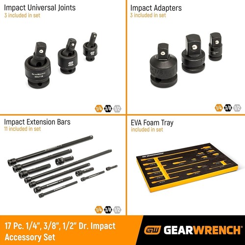 GEARWRENCH 17 Piece 1/4", 3/8", 1/2" Impact Drive Tool Accessories Set with EVA - Picture 16 of 16