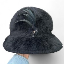 Vintage Kangol Fuzzy Cloche Hat Black Feather Small Made England