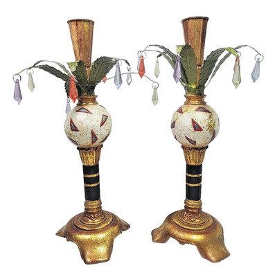 Ganz Palm Tree Multi Colored Prisms Sphere Footed Candle Holder Matched Pair