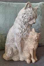 Large wood carving effect Cat and Kitten Figurine - 30cm tall