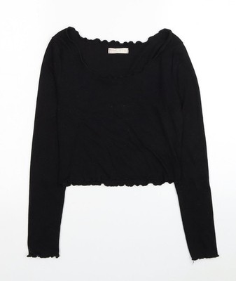 ROMWE Damen Cropped Bluse schwarz Polyester Größe S Rundhalsausschnitt - gerippt