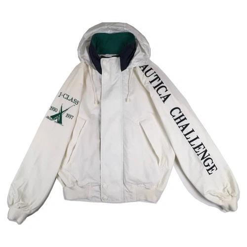 Vintage 90s Nautica Challenge J-Class Sailing Jacket Large White Hideaway Hood video thumbnail