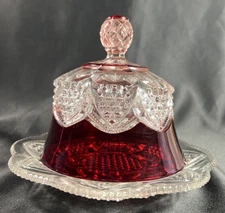 Antique EAPG Ruby Stain Flash Covered Butter/Cheese Dish Starburst c. 1905