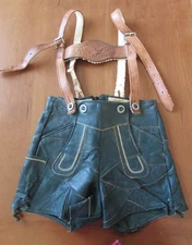 VTG AUTHENTIC 1950'S GERMAN LEDERHOSEN (DK BLUE/GREEN LEATHER) ~23-24 INCH WAIST