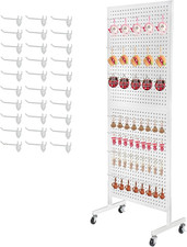 White Metal Pegboard Display Stand 2'X5' with 30 Hooks and Wheels
