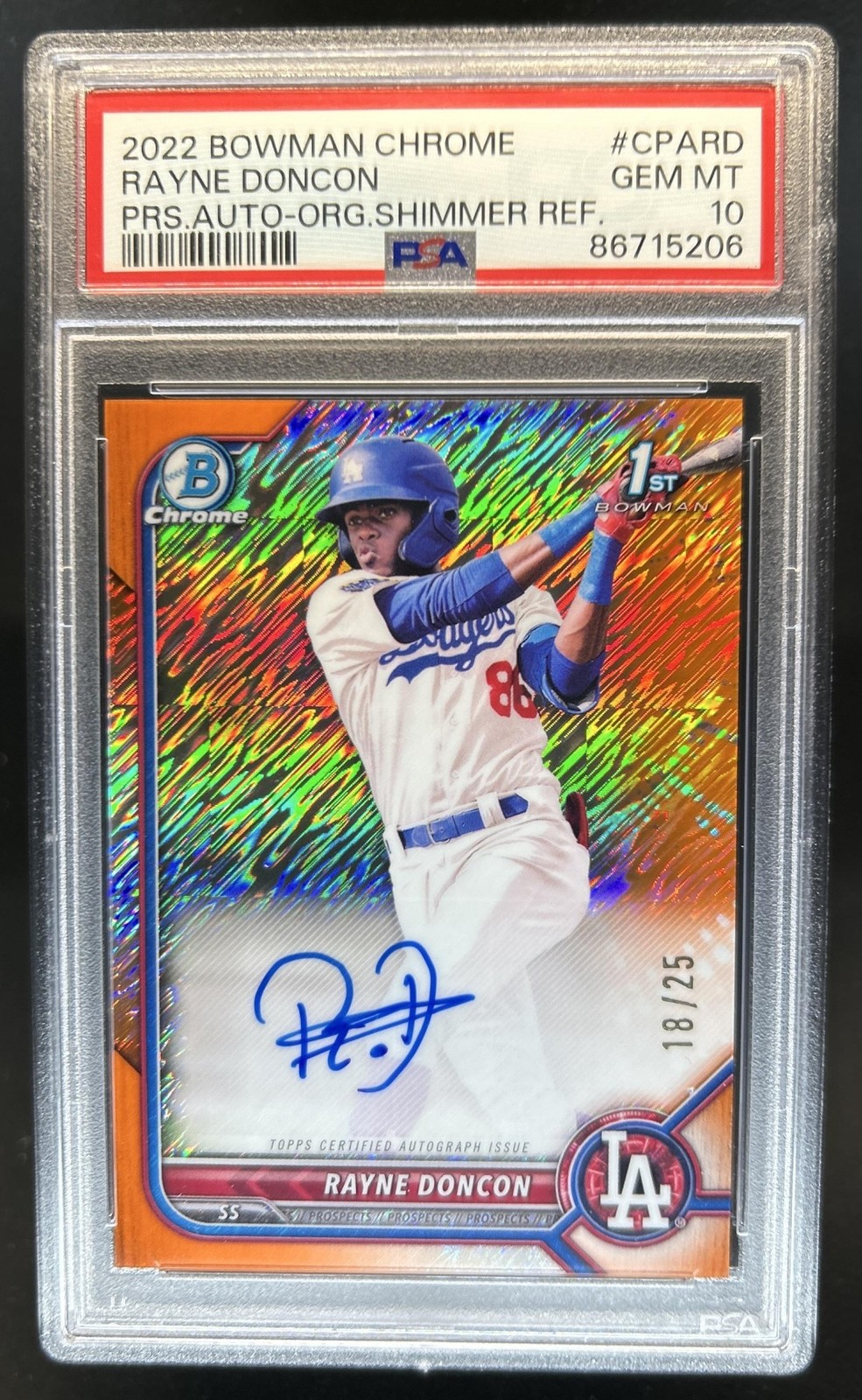 2022 Bowman Chrome Rayne Doncon Auto Orange Shimmer Refractor 1st #/25 PSA 10