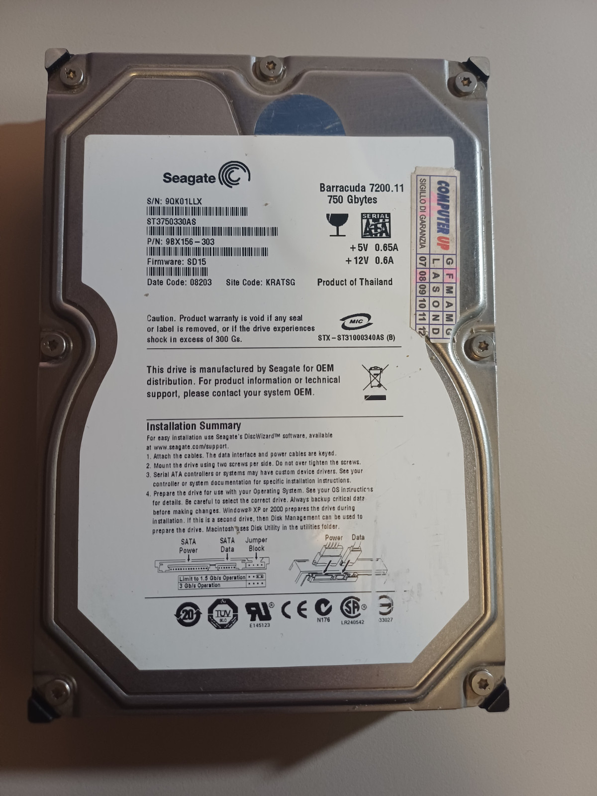 Seagate Barracuda 7200.11, 750 Gbytes, modello ST3750330AS