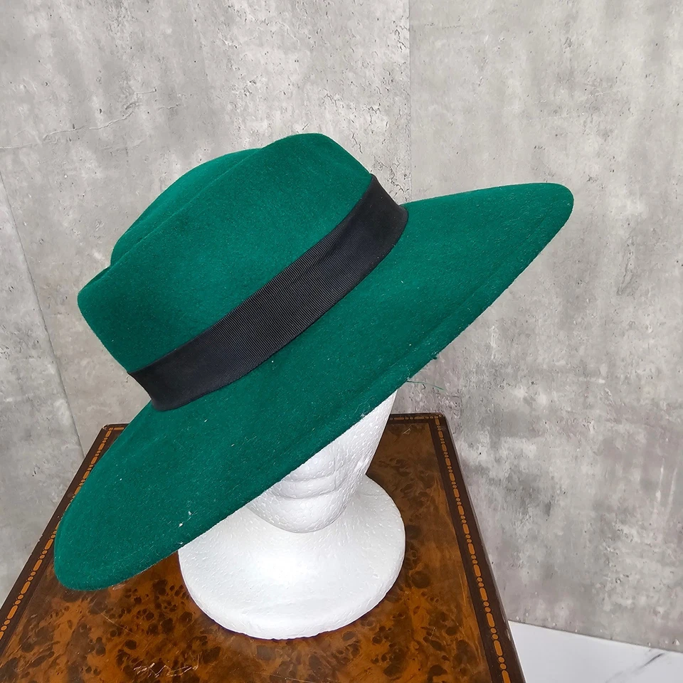 Sombrero Pluma Pluma Años 60 70 Diseñado De Colección por Sylvia Fieltro Lana Verde Ala Ancha Foto 4 de 4