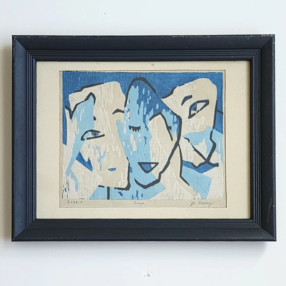Impresión artística original firmada por Jo Secsy "Gossip" linóleo/leña (Imp.) Abstracto enmarcado Foto 2 de 4