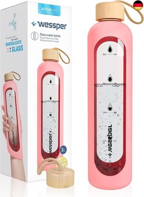 WESSPER Trinkflasche Glas 1L mit Zeitmarkierungen, BPA-frei Trinkmotivation