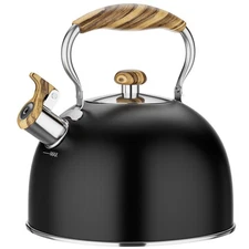 Black 2.6 Qt Stainless Steel Tea Kettle, Whistling Stovetop, Wood Pattern Handle