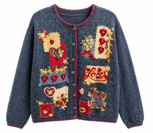 Vintage Heirloom Collectibles Cottage core LOVE  Knit Cardigan Sweater LARGE