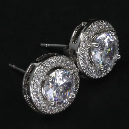 VTG Sterling Silver - Round-Cut White CZ Halo Post Stud Earrings - 2g