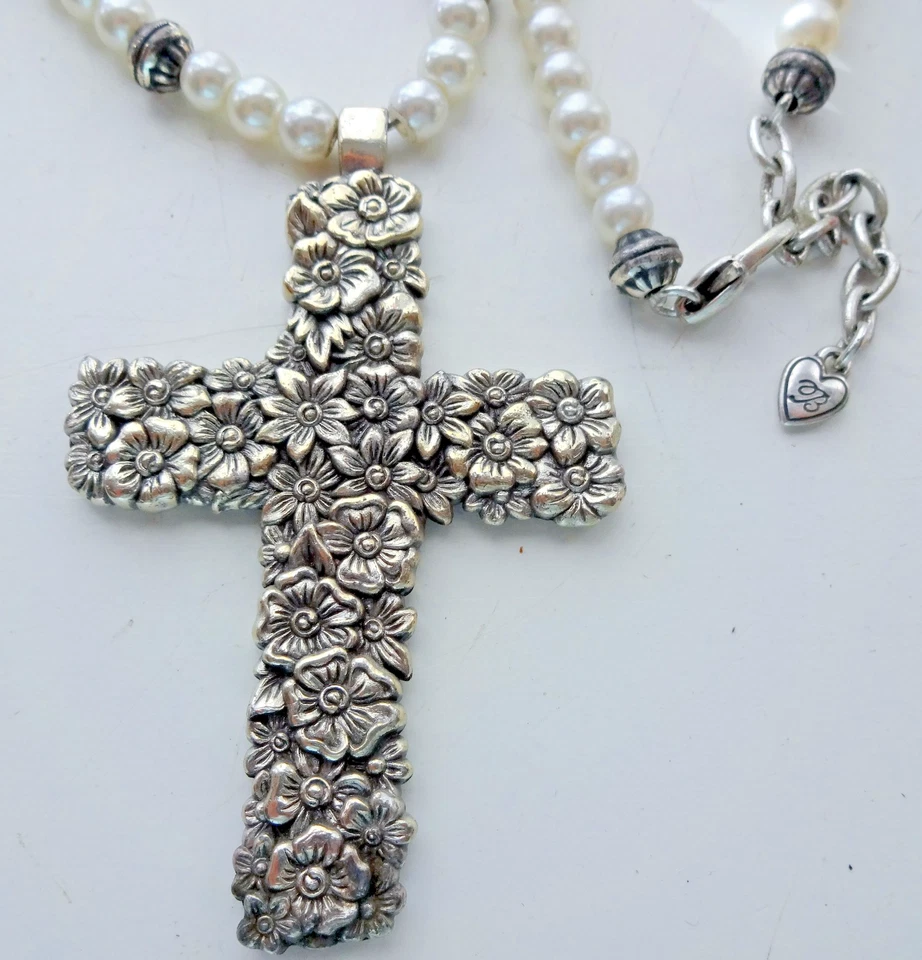 Брайтон большой Лола крест цветок жемчуг серебряная пластина подвеска бисером ожерелье 32» - Изображение 3 из 4