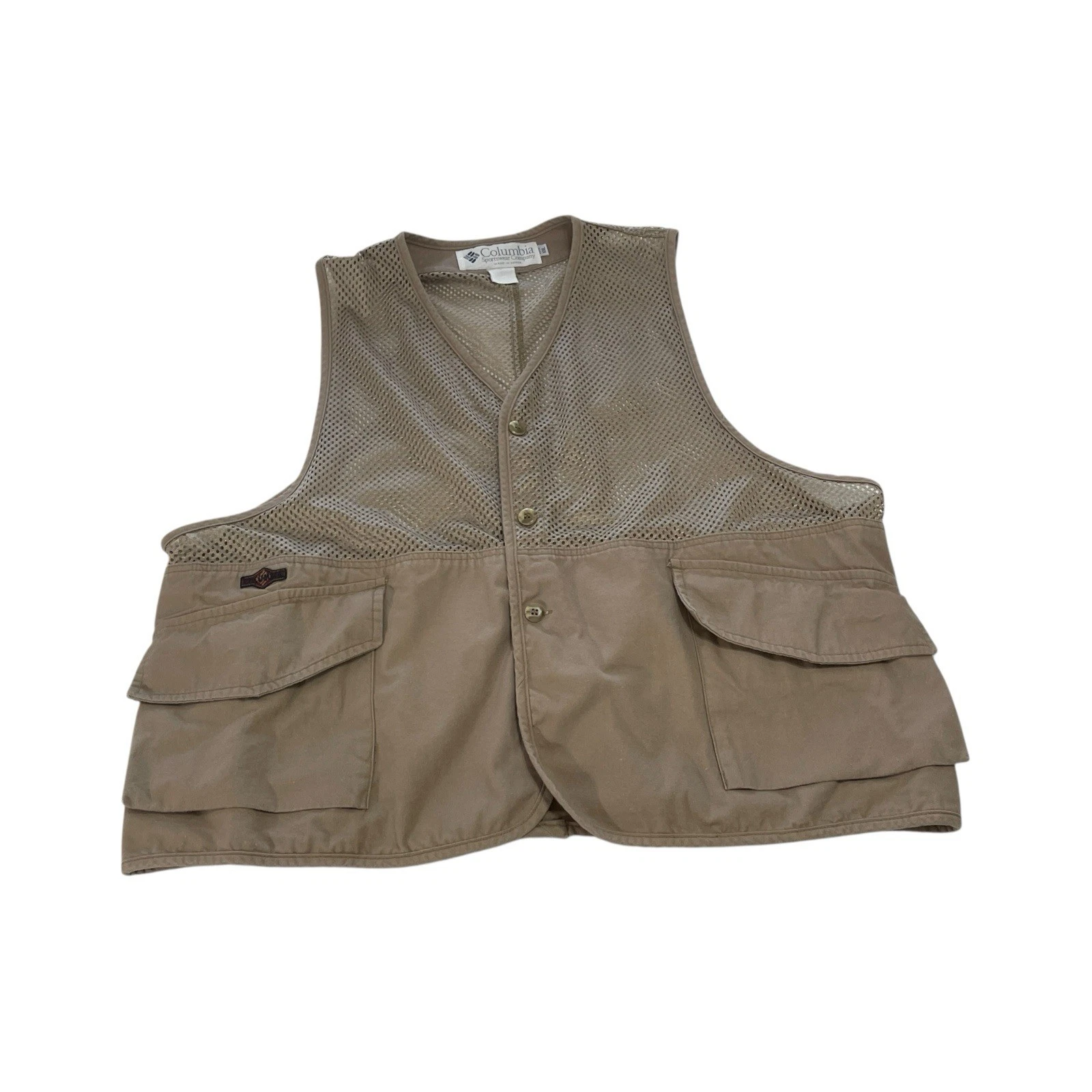 Vintage Columbia Utility Vest Men's Size 2XL Brown Pockets Mesh Hunting Shooting