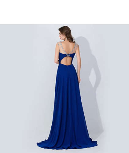 New **** Sexy Backless Beaded Chiffon Long Evening Gown 2020 Prom Dress Navy - Picture 3 of 6
