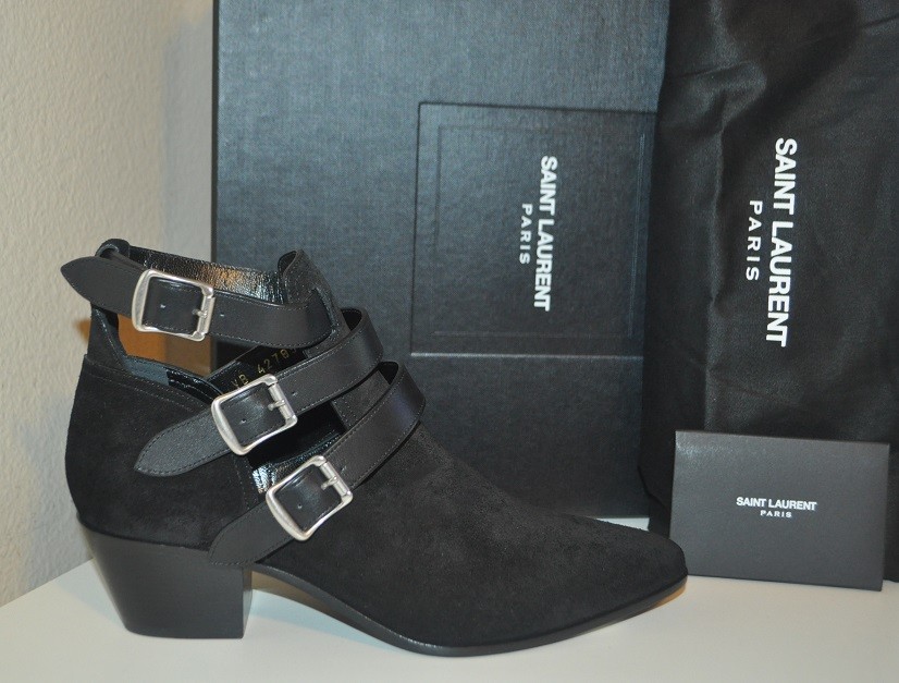 Nuovi con scatola $995 + stivaletti borchie saint laurent nero pelle scamosciata EUR 36 5