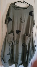 🌸Lagenlook abstrakt Zipfel Ballon Kleid maxi Gr. xl 46 48 50 grün Katzen