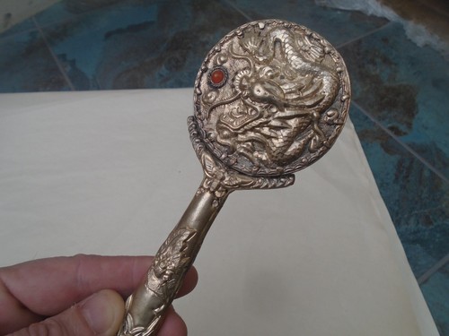 Tibetan silver dragon hand mirror with orange stone cabochon UNUSUAL MIRROR