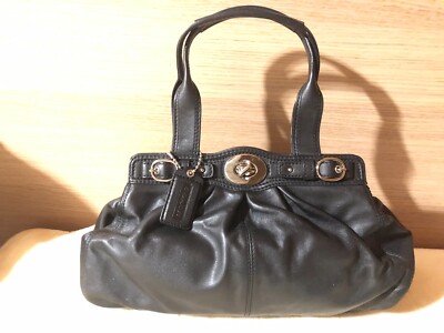 COACH F13914 Black Leather Pleated Belted Shoulder Bag Turn Lock