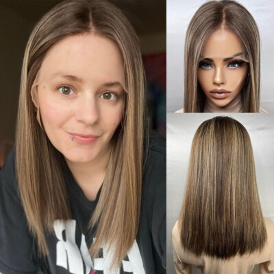 Straight Wig Human Hair Lace Front Wig Blonde Highlights Ombre Human Hair Wig