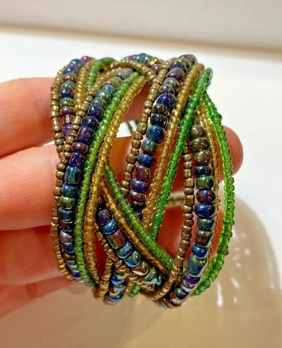 Bracelet Manchette Tressé Large Vintage En Perles AB Vert Jaune Fait Main En Fil