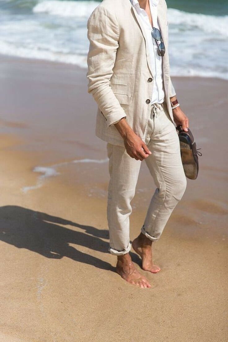 Summer Beach Casual Men Linen Suit Ivory Prom Leisure Groom Tuxedo Wedding Suits | eBay