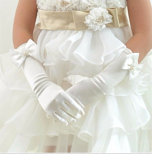 Elegant Pearl Bow Flower Girls Dress Long White Gloves for Kids Baby 3-12 Years - Picture 3 of 18