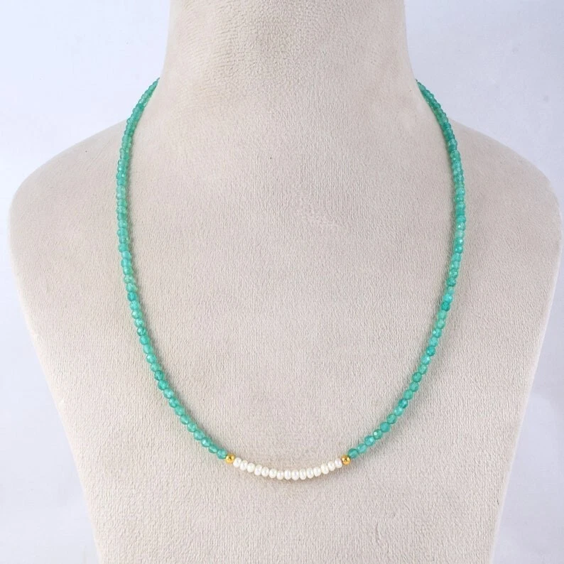 Collar de perlas naturales y ónix verde 2 piedras preciosas redondas multifacéticas con cuentas de 18" Foto 4 de 4