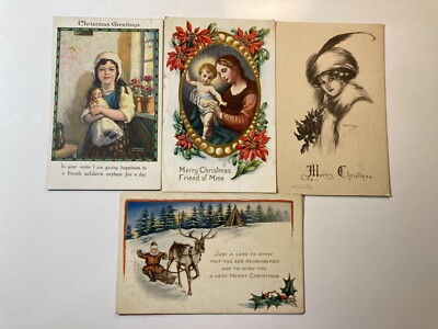 Artist signed hand-drawn lot of 4 Christmas Sled And Reindeer Holiday Postcards