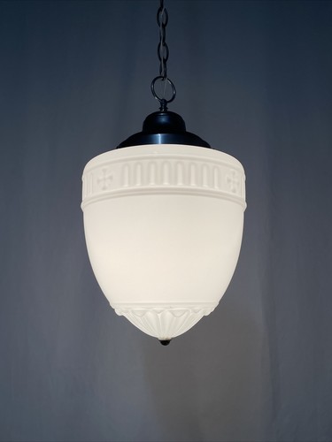 RESTORED Antique Vtg LARGE Art Deco Glass Pendant Light Chandelier, Schoolhouse - Picture 2 of 24