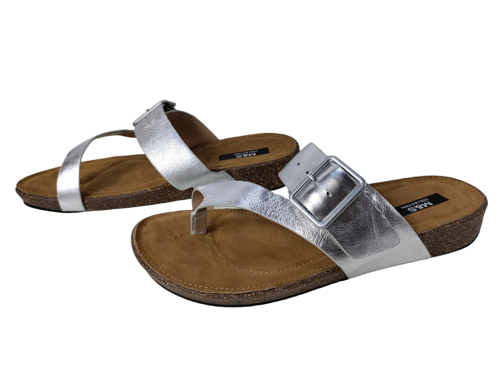 NEW WOMENS M&S UK 6.5 WIDE FIT METALLIC SILVER LEATHER BUCKLE SANDALS RRP £45