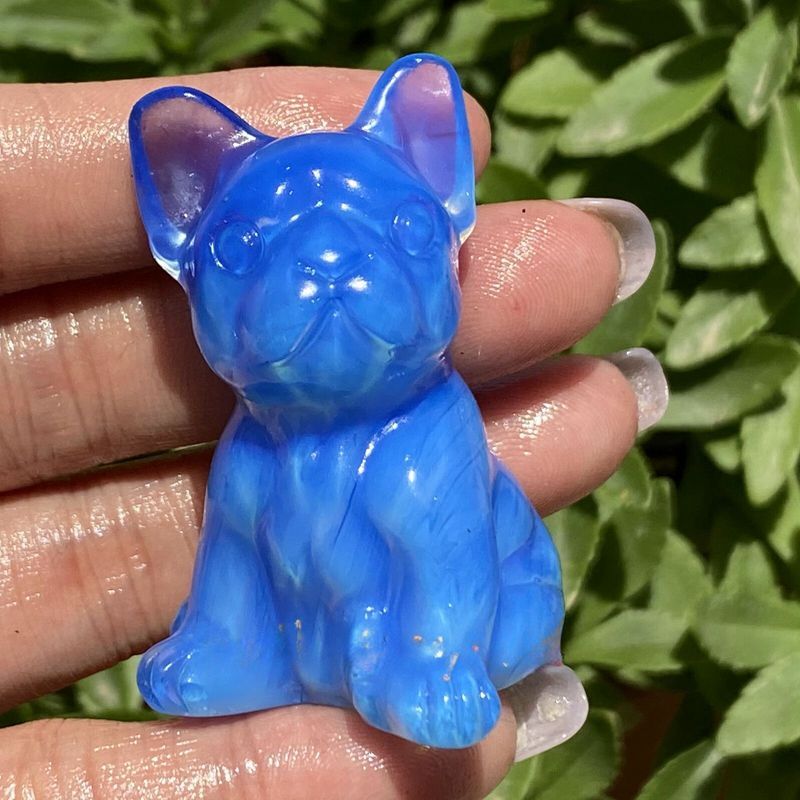Natural Blue Opal Quartz Crystal Lovely Mini French Bulldog Pet Figurine Decor