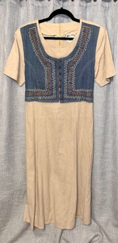 Vintage Monique Fashion Denim Vested Long Shirt Dress Womens Size 12 Cowgirl - Picture 3 of 6