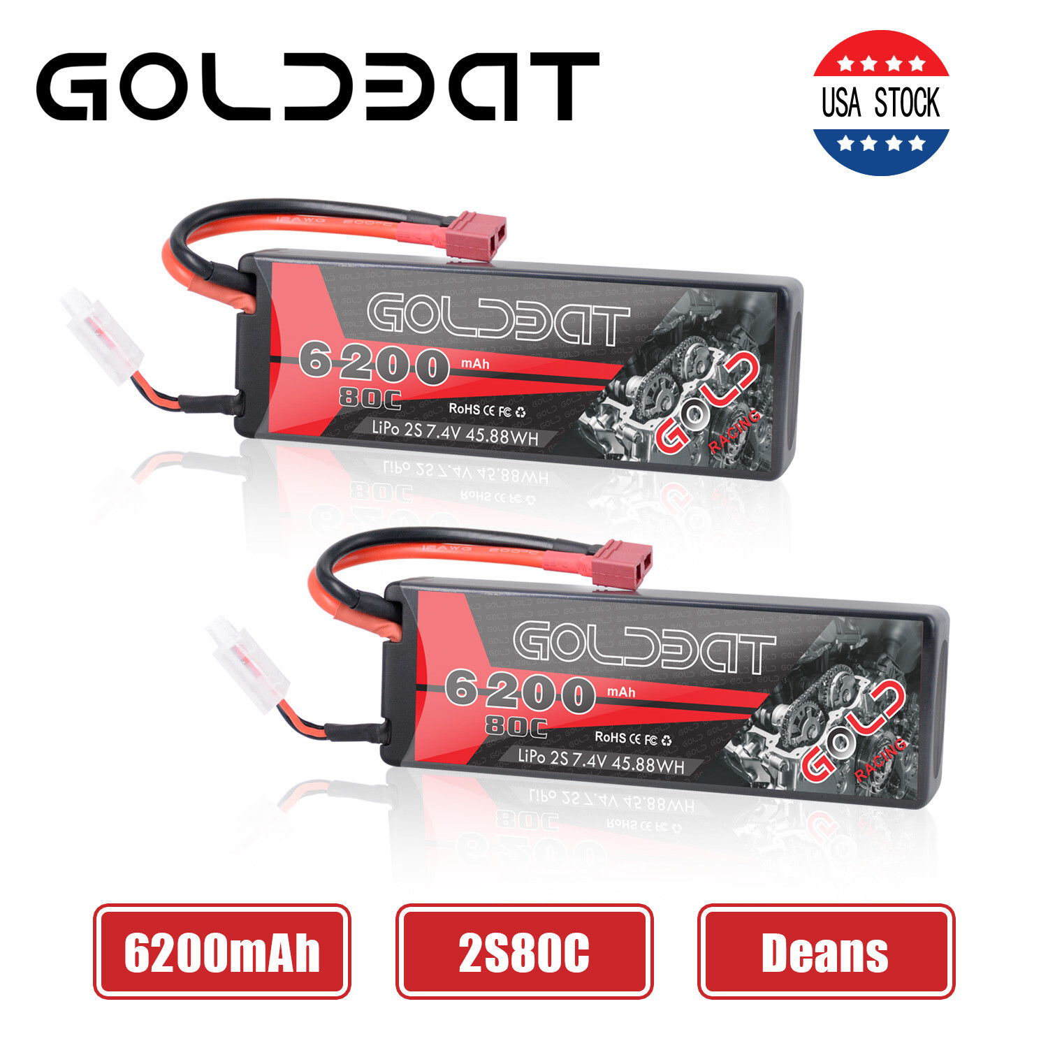 2Pcs 80C 6200mAh GOLDBAT 7.4V 2S RC Lipo Battery Deans Plug For Car Truck Buggy