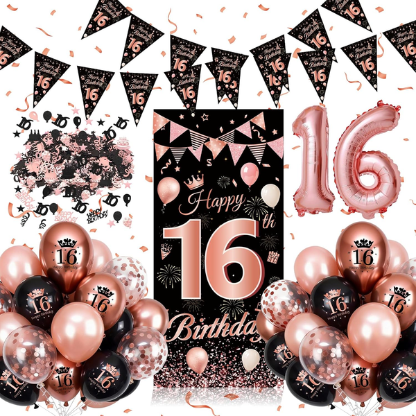 16 Geburtstag Deko, 16. Geburtstag Deko MäDchen Rosegold Schwarz Mit Langem Bann-image
