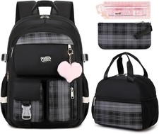 3PCS Backpack For School Women College Middle High Teen Girls Plaid Black