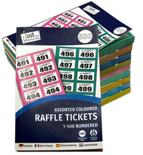 500 Assorted Colour Raffle Tickets Book Numbered 1-500 Prize Draw Event