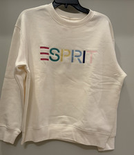 ESPRIT Womens SIZE S White Pullover RETRO Sweatshirt Embroidered Logo Fleece